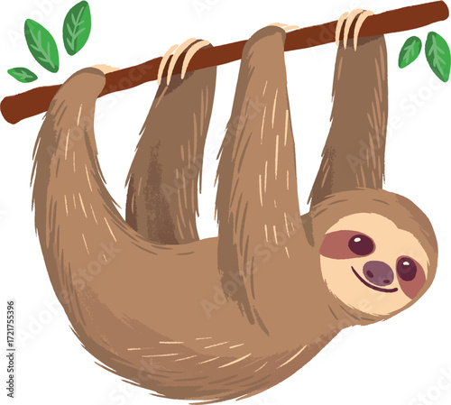 A sloth hangs from a branch with leaves