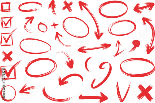 Hand Drawn Red Correction Marks and Arrows for Attention and Emphasis on White Background a Vector Style Set