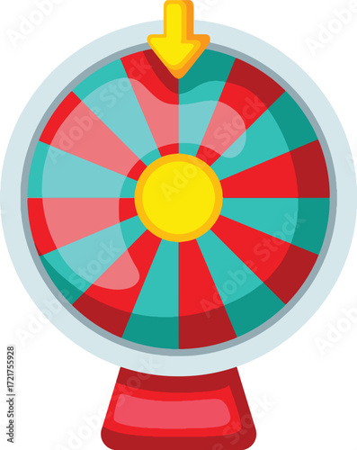 A spinning wheel of fortune with red blue and yellow sections