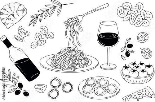Italian Food Sketch Collection Featuring Pasta Wine Ravioli Pizza and Fresh Ingredients Black and White Illustration