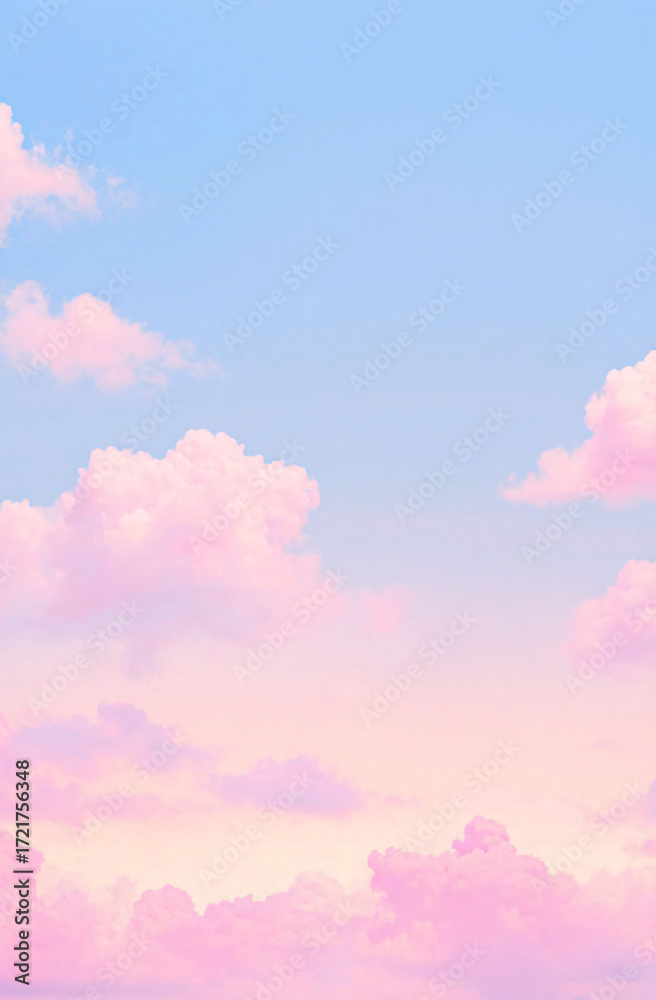 Obraz premium Vintage style of cloud and sky HD background, Background of pink blue sky with some white Cartoon cloud in the sky stage fluffy cotton candy dream fantasy soft background. Generative AI