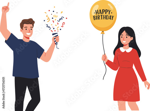 Birthday celebration, cartoon characters, party popper, happy moment, festive mood, balloon fun, cheerful kids, colorful confetti, joyful event, illustration art