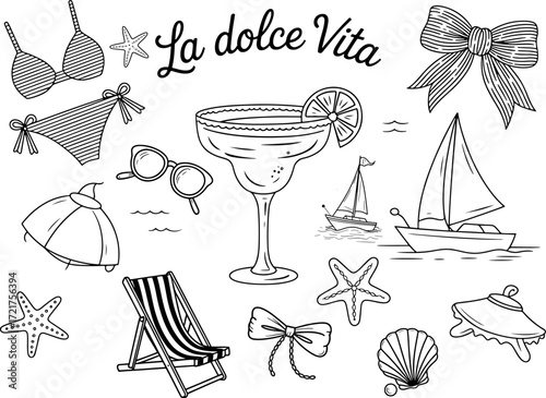 La Dolce Vita summer holiday themed doodle collage with beach accessories and sailing boats in a black and white illustration style