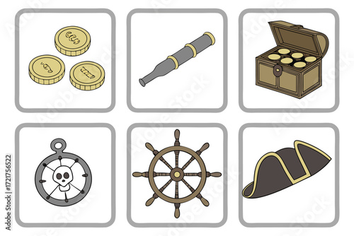 Pirate treasure chest coins spyglass skull helm and hat gold