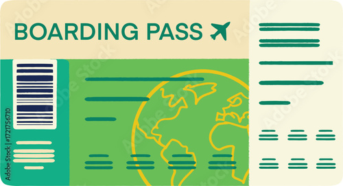A stylized boarding pass with a world map graphic
