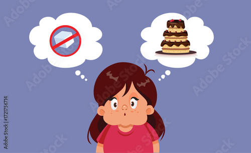 
Little Girl Suffers from Obesity Giving Up Desserts Vector Illustration 

Kid having problems making healthy choices and renouncing to sugar 
