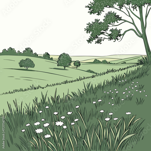 A serene hand drawn illustration of rolling green hills dotted with trees and wildflowers under a pale sky