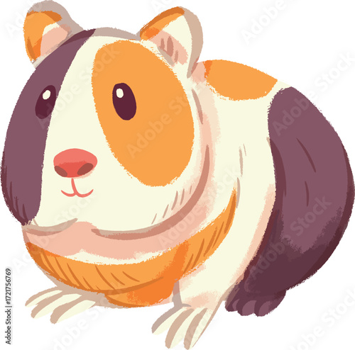 A stylized cartoon guinea pig with white orange and purple patches