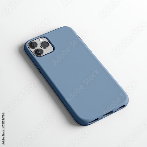 A slate-blue phone case, angled, sits on a light surface.  Camera cutout visible