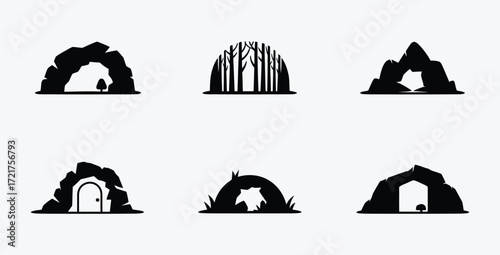 Vector illustrations of cave entrances in a minimalist style and isolated