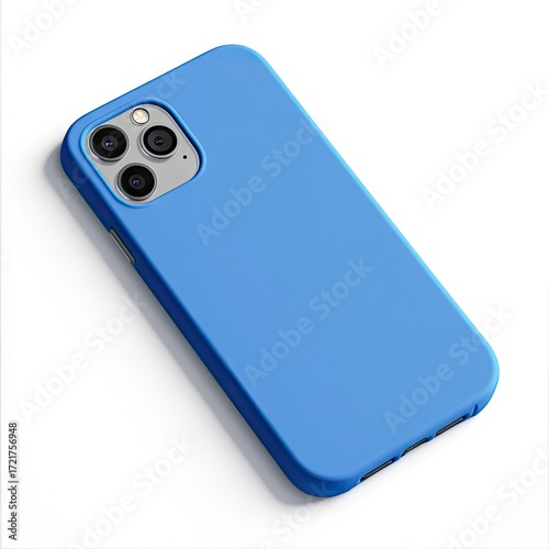Bright blue phone case,  angled view