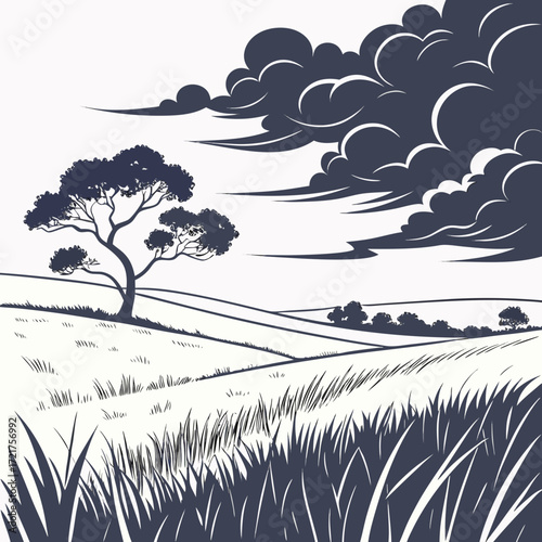 Dramatic dark clouds gather over a lone tree in a stylized grassy landscape