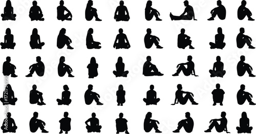 Collection of seated human silhouettes in various postures, black and white vector illustration, body language, ergonomics, design reference, artistic pose study