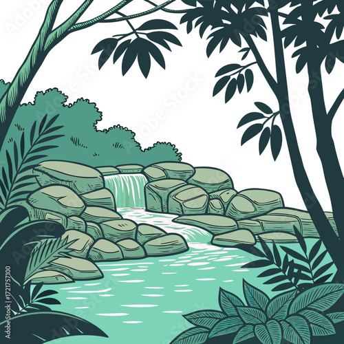 Lush jungle waterfall cascades over smooth rocks into a clear turquoise pool surrounded by tropical foliage and trees