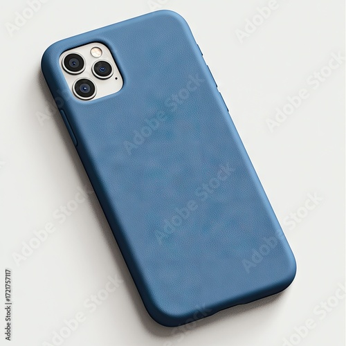 A blue phone case, angled view