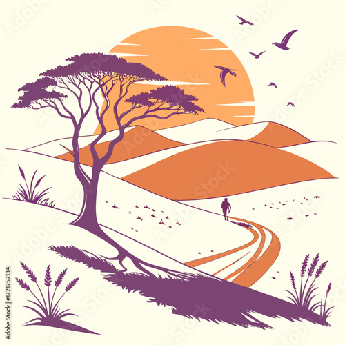 Lone traveler walks a winding path through rolling desert dunes under a vibrant sunset with acacia tree and birds