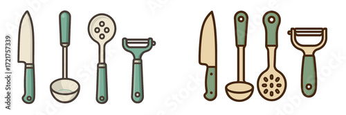 Various kitchen utensils displayed in a simple layout for cooking and food preparation activities