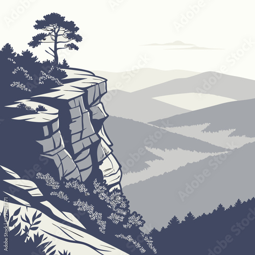 Serene mountain landscape with a lone pine tree on a rocky cliff overlooking rolling hills