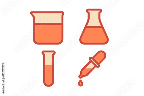 Science laboratory equipment including beakers, flasks, and a dropper for conducting experiments in a research setting