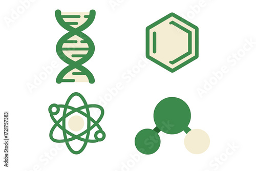 Illustrations of scientific symbols representing biology, chemistry, and molecular structures in a modern design