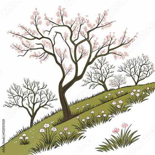 Stylized illustration of a gentle green hillside with blooming cherry blossom trees and wildflowers in springtime