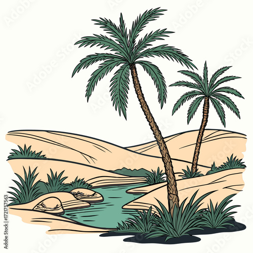 Stylized illustration of a desert oasis with two palm trees and a small body of water surrounded by sand dunes