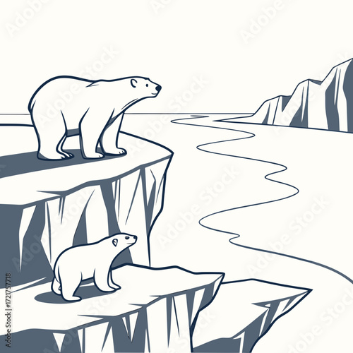 Two polar bears stand on ice floes overlooking a winding icy river with distant icebergs under a clear sky