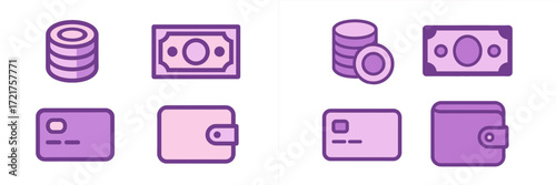 Icons representing money management with coins, bills, cards, and wallets in simple purple design