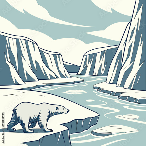 A lone polar bear stands on an icy cliff overlooking a winding river in a frozen arctic landscape