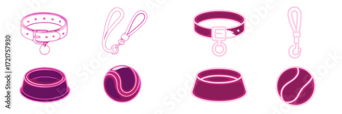 Colorful pet accessories including collars, leashes, bowls, and toys arranged neatly on a white background