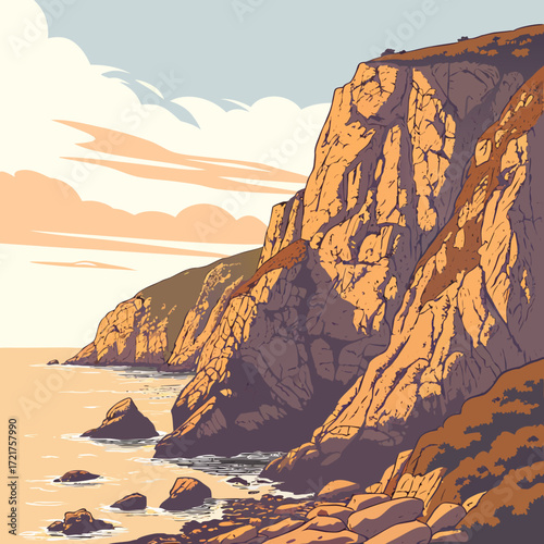 Dramatic coastal cliffs bathed in warm sunlight with calm ocean waters and scattered rocks below