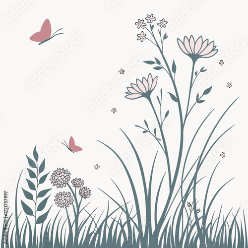 Delicate pink butterflies flutter around a serene meadow filled with tall grass and blooming wildflowers