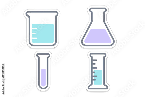Different laboratory glassware including beakers and flasks with blue and purple liquids shown against a simple background