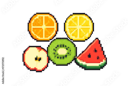 Colorful pixel art featuring various fruits including oranges, lemons, kiwi, apple, and watermelon