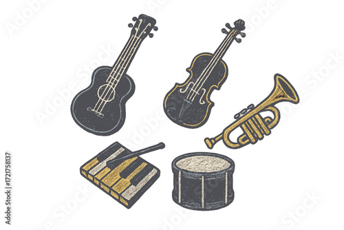Collection of musical instruments displayed on a white background, showing diversity in sound and style for musicians and music lovers