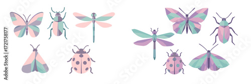 Colorful collection of stylized insects including butterflies, dragonflies, and ladybugs in soft pastel shades displayed in a simple arrangement