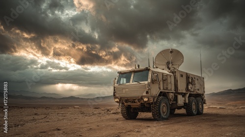 desert military truck satellite storm