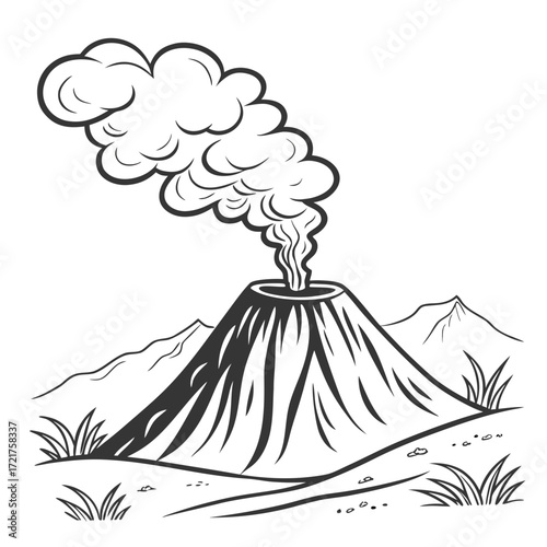 Stylized black and white illustration of a smoking volcano erupting with smoke plumes against a mountainous landscape