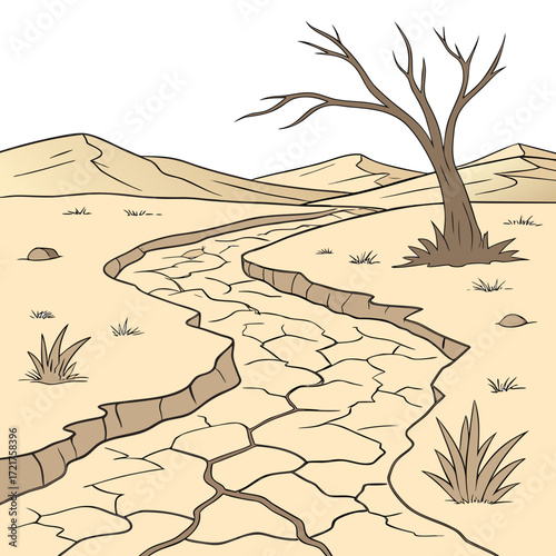 Stylized illustration of a cracked dry riverbed winding through a barren desert landscape with a dead tree