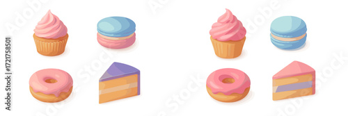 Colorful assortment of cupcakes, macarons, donuts, and cake slices arranged on a clean white background