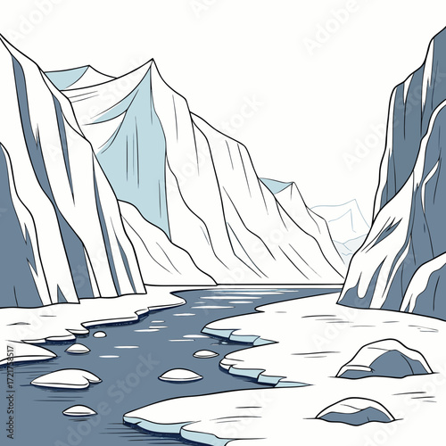 Stylized illustration of a serene arctic landscape with snow capped mountains and a winding river reflecting the sky