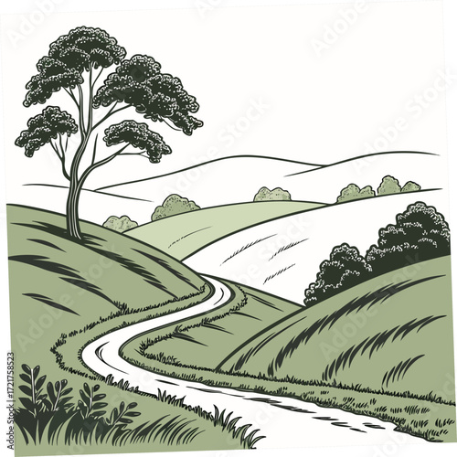 Stylized illustration of a winding country road through rolling green hills and a lone tree
