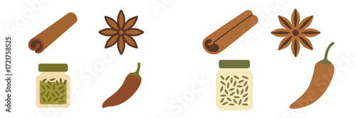 Variety of spices and herbs displayed in simple illustrations suitable for cooking and culinary use