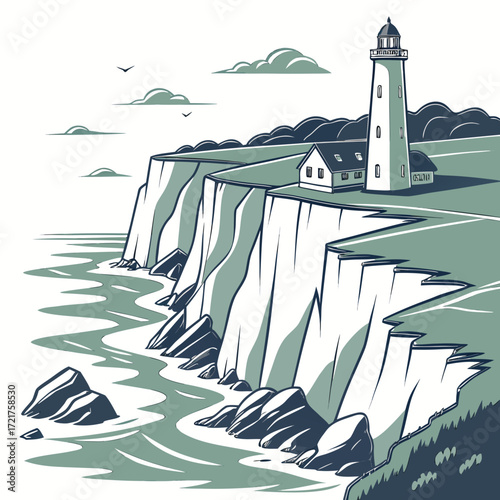 Stylized illustration of a white lighthouse and house on a dramatic cliff overlooking the ocean waves and rocks
