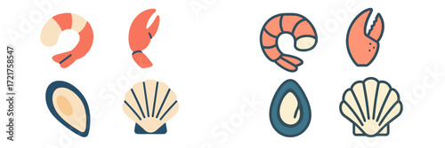 Colorful seafood illustrations featuring shrimp, lobster, mussels, and scallops in a playful design suitable for a culinary theme