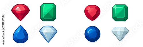 Colorful gemstones displayed in various shapes and sizes showing vibrant hues of red, green, blue, and clear shades