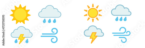 Variety of weather icons representing sunny, rainy, and stormy conditions in a simple design