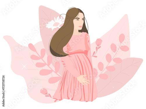 Pregnant woman woman with dark hair. Happy Mother's Day greeting card.