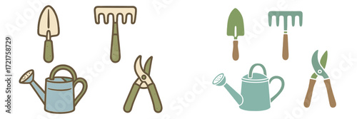 Gardening tools include trowel, rake, watering can, pruners, and more for planting and maintaining plants