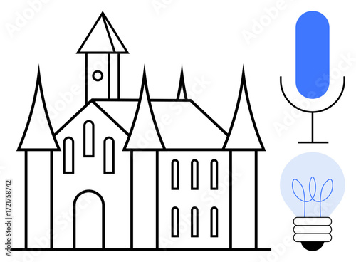 Castle with tall spires next to a microphone and lightbulb, blending imagination with communication. Ideal for storytelling, creativity, innovation, education, technology, entertainment, and ideas